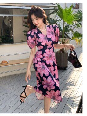 NEW Women's SHEIN Navy & Pink Floral Midi Dress - V-Neck Puff Sleeves Size XL